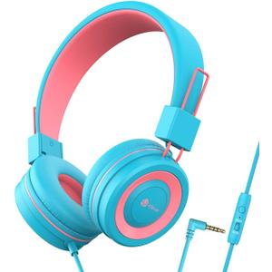 iClever Kids Headphones with Cord, 85/94dB Safe Volume Tech, Bending Resistance Durable, Foldable, Stereo Sound 3.5mm Jack Wired Headphones for Kids Boys Girls Tablet/Travel/School, HS14 Blue Pink