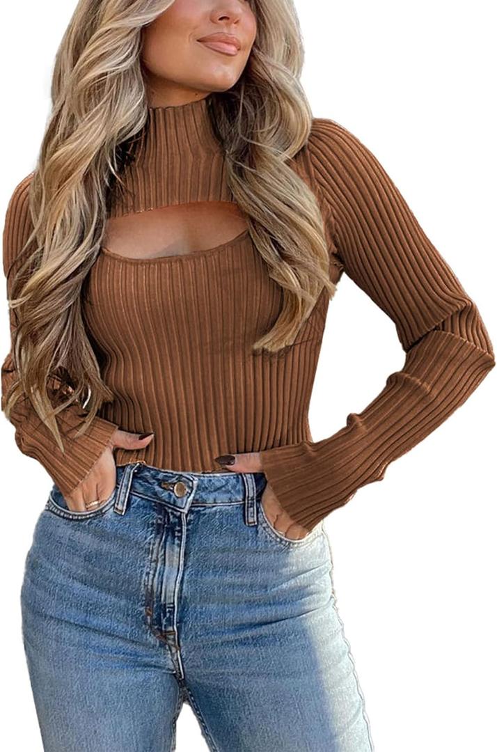 PRETTYGARDEN Women's 2025 Fashion Fall Clothes 2 Piece Cutout Tops Long Sleeve Mock Neck Rib Knit Winter Pullover Sweater (Brown) XL