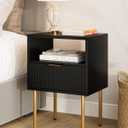 Masupu Nightstand,Mid-Century Modern Bedside Table with Storage Drawer and Open Wood Shelf,Small Gold Frame Side Table for Bedroom,Living Room,Black