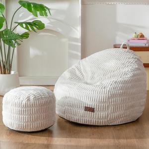 MAXYOYO Kids Bean Bag Chair with Ottoman, Handle, 31.5 x 23.6 in | Soft Toddler Lounge Chair with Removable Cover, Cozy Floor Seating for Boys and Girls in Playrooms or Bedrooms, Beige, Standard