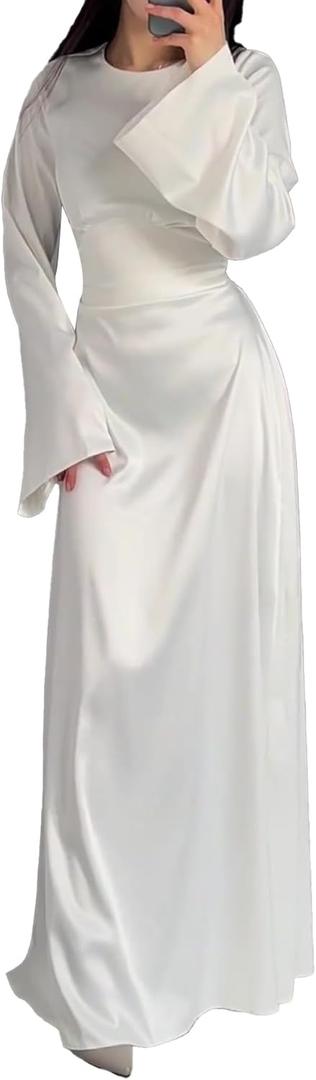 Xxxiticat Women's Slip Satin Long Dress Long Sleeve Round Neck Back Lace Up Bandage Tie Wedding Party Maxi Dresses (White)