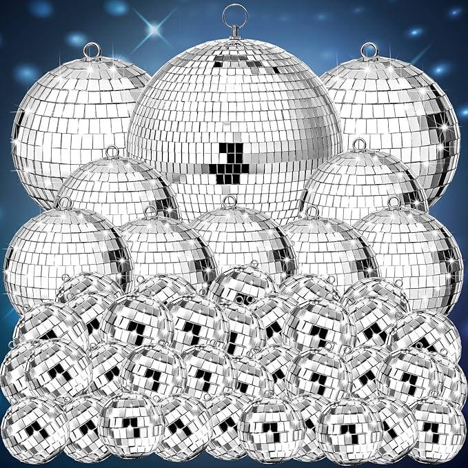 Funtery 100 Pcs Mirror Disco Balls Bulk Assorted Silver Hanging Disco Ball Decor for Home Wedding Birthday Dance Music 70 S Theme Party Christmas Tree Ornaments(0.8'',1.6'',2.4'',3.2'',4'',8'')