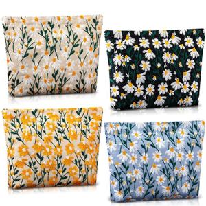 4 Pcs Makeup Bags Daisy Flower Embroidery Make up Organize Large Zipper Cosmetic Pouch Travel Toiletry Organizer Floral Embroidery Craft Gifts for Women and Daisy Lovers