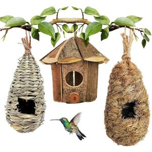 Hamiledyi Humming Bird Houses Nest, Hand Woven Wooden Vintage Chickadee Finch Hut Outdoor Hanging Natural Grass Birdhouse Nest for Canary Finches Robin Wren- Set of 3
