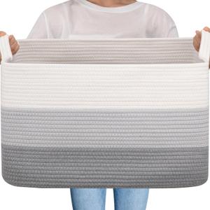 OIAHOMY Large Blanket Basket, 65L Cotton Rope Woven Laundry Basket, Toy Bin for Baby Room, Container for Blanket Storage in Living Room, 20''×16''×12'', Gradient Grey