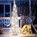 5FT Pop up Christmas Tree for Indoor Decoration Pre-lit Mini Christmas Tree with 60 Lights, Silver White Artificial Pencil Tree Collapsible Tinsel Lighted up with Snowflake Glitter