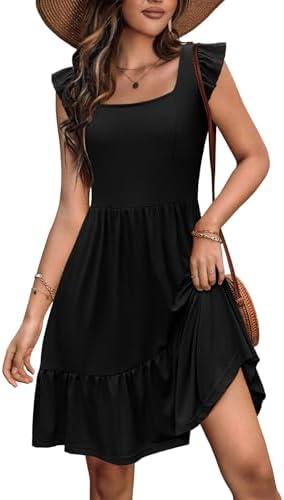 Zeagoo Womens Summer Dress Casual Ruffle Tiered Floral Square Neck Sundresses Beach Boho Mini A-line Dress 2025 with Pockets Medium