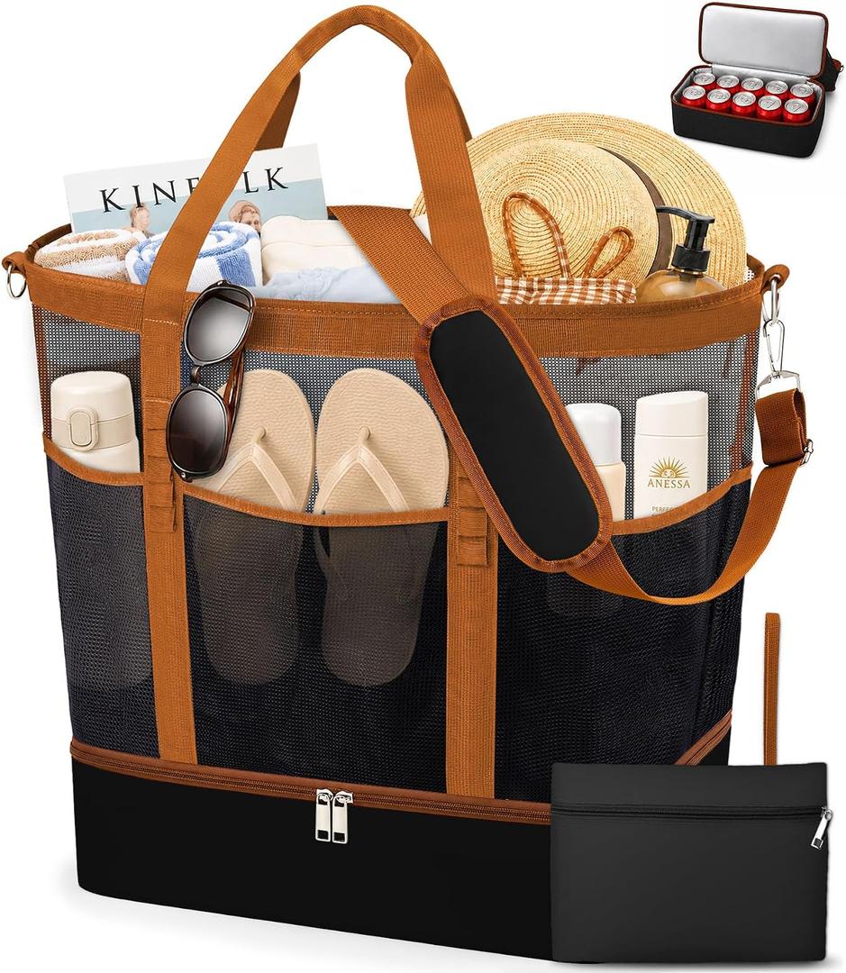 2-in-1 Mesh Beach Bag with Cooler for Women, Extra Large Beach Tote with Zipper, 11 Pockets, Adjustable Shoulder Strap