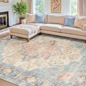RELEANY Area Rugs 8'x10' Washable Non-Slip, Floral Vintage Distress Print Pattern Medallion Carpet for Living Room Bedroom Dining Room, Blue Orange Red