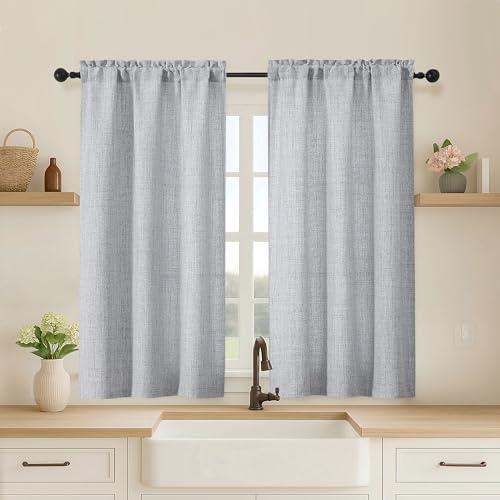 OVZME Grey Cafe Curtains 45 Inch Length 2 Panels, Thick Textured Kitchen Door Curtains, Semi Privacy Light Filtering Half Short Bedroom Curtains for Small Window Living Room Dining, 2x30Wx45L