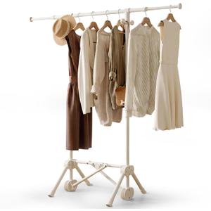 Small Clothes Rack, Foldable Clothing Rack with 3 Adjustable Height | Extendable Rod, 4 Side Hooks, Portable, Sturdy Carbon Steel, Space Saving, Ready to Use, for Bedroom, Laundry, Cream White