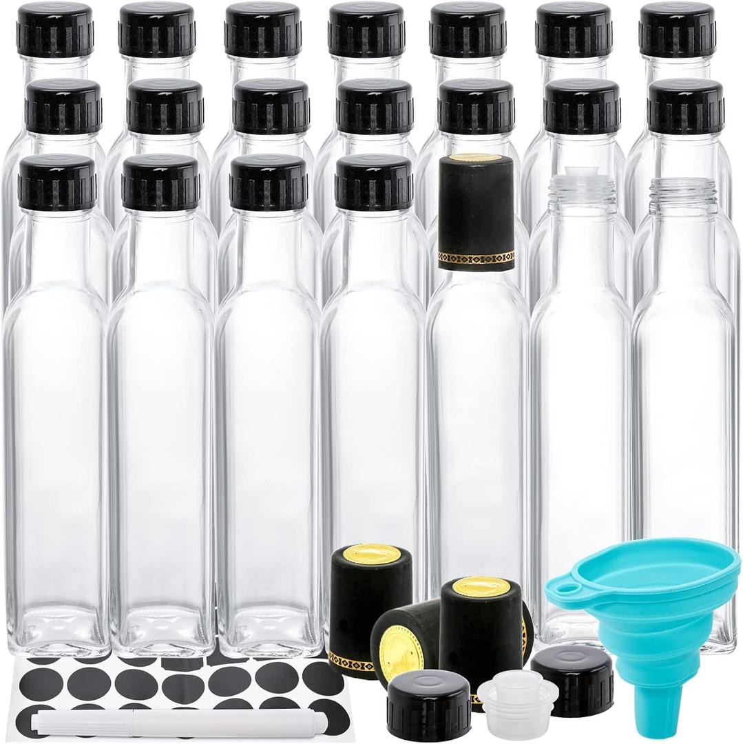 Kingrol 18 Pack 8.5 oz Square Glass Bottles with Leak Proof Screw Caps, Hot Sauce, Oil, Vinegar, Syrup, Salad Dressing