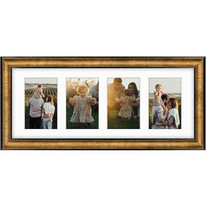 Golden State Art, 8x20 Antique Gold Photo Collage Frame with White Mat displays (4) 4x6 Pictures - Great for Dad Gifts from Daughter Son, Four 4x6 Openings