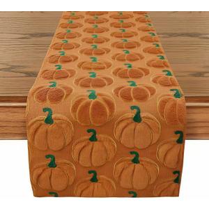 Soft Plush Faux Fur Jacquard Pumpkins Fall Rustic Table Runner, Seasonal Autumn Kitchen Dining Fall Table Decoration Halloween Table Runner for Home Party Decor 13x72 Inch Thanksgiving Decorations