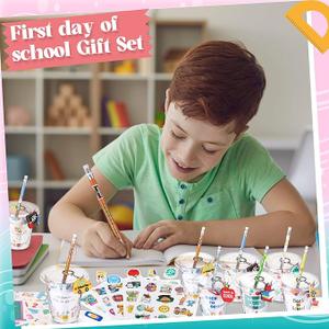 Back to School Party Favor Set - Classroom Supply Kit With Pencils, Erasers, Sharpeners, Stickers, Whistlers & Plastic Cups - Fun Reward Gifts for Kids and Teachers