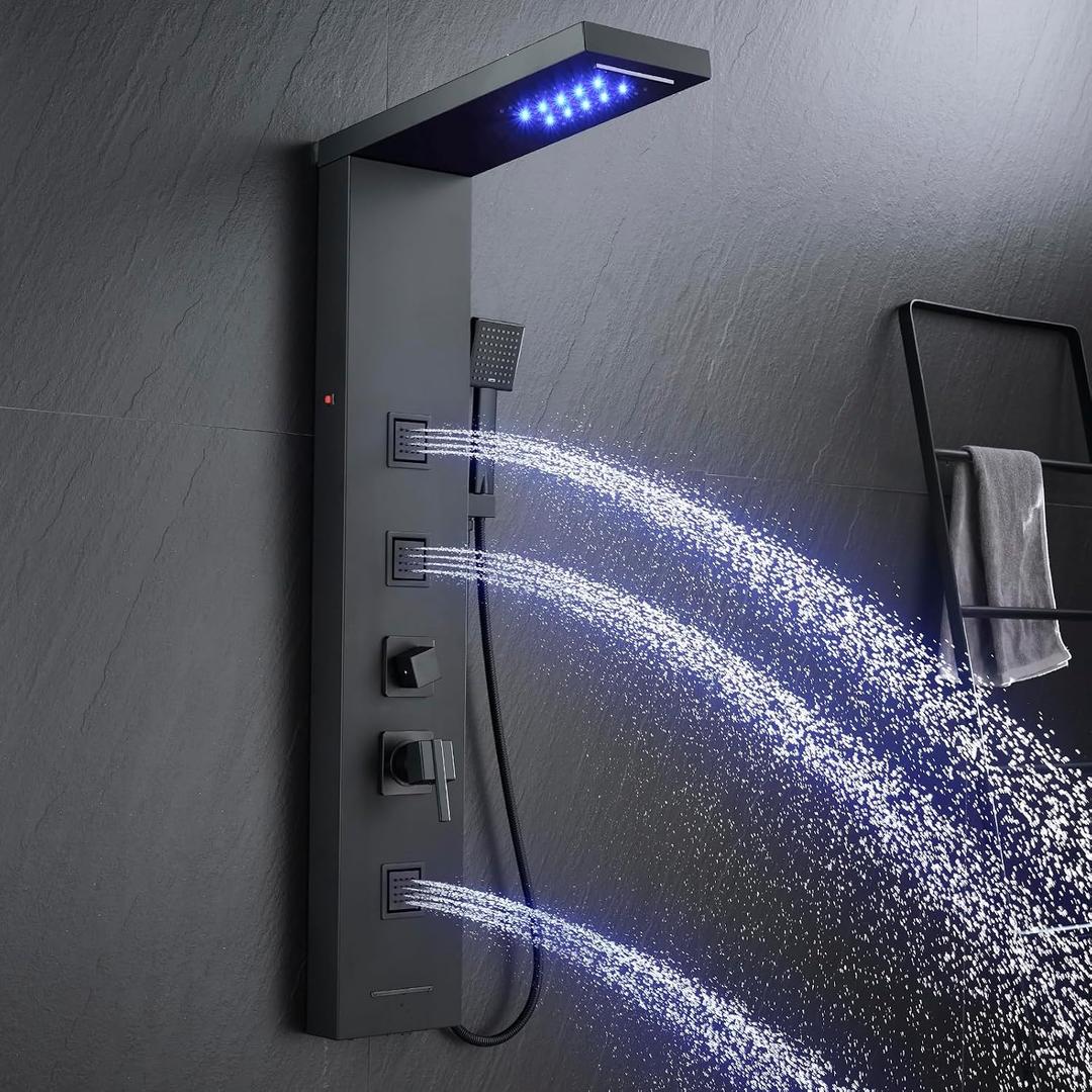 5-in-1 LED Shower Panel Tower System Stainless Steel Matte Black | Rainfall + waterfall heads | Body jets | Handheld shower | Tub spout | LED lights | Wall mount