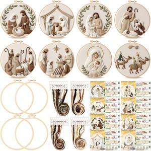 Peryiter 8 Pcs Christmas Nativity Scene Embroidery Kit Christmas Cross Stitch Sets DIY Embroidery Kit for Adults Beginner with Threads Needles Instruction Manuals 20 cm Hoop for Decor Home Room Gift