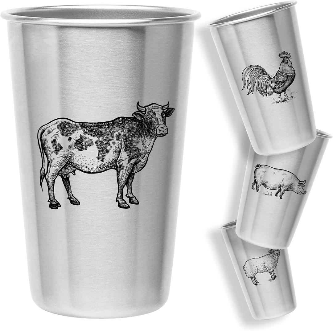 Magic Pine Kid-proof Cups (Farm Animal designs) - Set of 4 Stainless Steel Cups (16oz)
