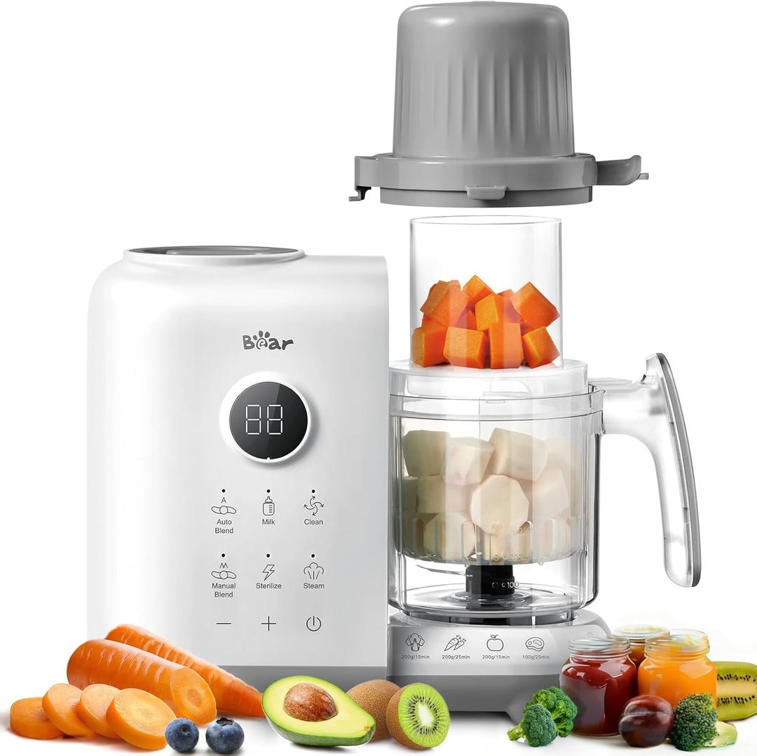 Bear Baby Food Maker with 18.5oz Dual-Layer Steam Baskets, OneStep Baby Food Processor Steamer Puree Blender Grinder Mills, Auto Cooking Grinding&Sterili-zing for Healthy Homemade Baby Food, BPA-Free (White)