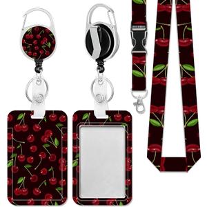 Badge Holder with Lanyard,Red Cherry Cute ID Name Badge Card Holder with Lanyard,Badge Reel Heavy Duty with Carabiner Clip,Nurse Teacher Office Gifts