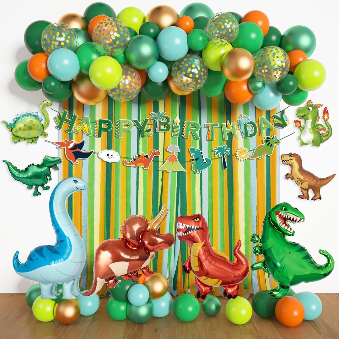 Dinosaur Birthday Party Decorations Supplies Happy Birthday Banner Crepe Paper Green Orange Blue Gold Dino Foil Balloons Garland Arch Kit for Jungle Safari Dinosaur Themed Baby Shower Party Boys Kids