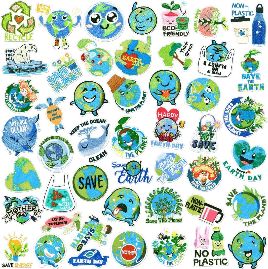 Tigeen 48 Pcs World Earth Day Chenille Iron on Patches Bulk Embroidered Patch for Hats Clothes Sew on Applique DIY Accessory for Backpack Pants Jeans
