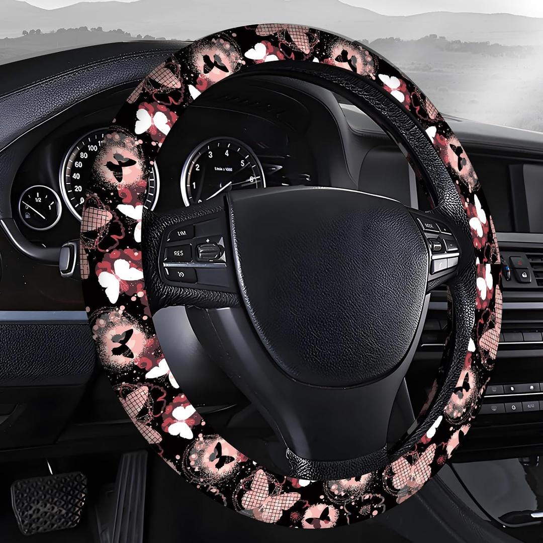 Steering Wheel Covers for Car, Truck, and SUV, Cute Non-Slip Breathable Elastic Steering Wheel, Car Accessories, Universal 15 Inch Leather Cover for Men Women Butterfly Hearts