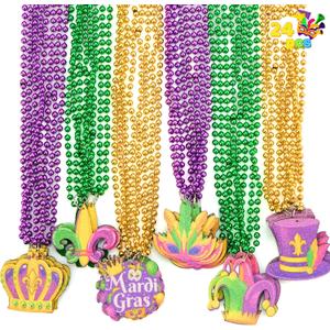 JOYIN 24 Pcs Mardi Gras Bead Necklaces with Pendant, 6 Designs Mardi Gras Necklaces, Gold Green Purple Beads Necklace Dress Up Costumes for Mardi Gras Party Decorations Supplies