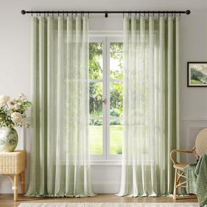 Anmao Natural Linen Curtains for Living Room 108 Inch Length 2 Panels Set, Light Filtering Semi Sheer Window Curtain Drapes for Bedroom with Curtain Rings and Clips, 52 Inch Wide Each Panel, Sage
