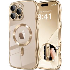 GVIEWIN for iPhone 16 Pro Case Compatible with MagSafe, Upgraded [Full Camera Protection][Cute Wave Frame][Military Grade Protection] Electroplated Soft Phone Cover for Women Girl, Clear/Gold