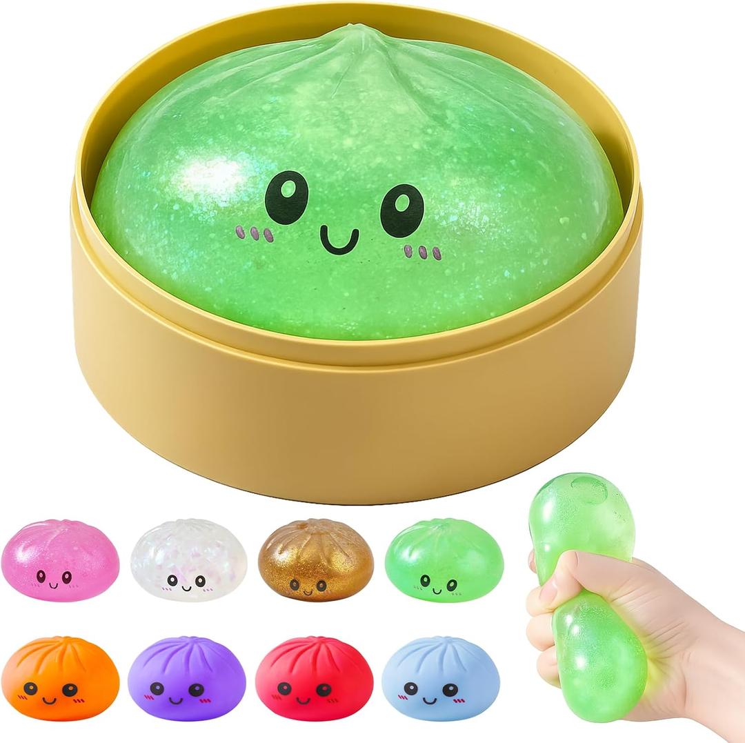 Dumpling Squishies, Glitter Dumpling Mystery Box, Colorful Dumplings Stress Balls Fidget Sensory Toy, Stocking Stuffers with Food Steamer Stretchy Desk Toys (Glitter Green)