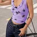 Tankaneo Womens Ruffle Deep V Neck Tank Tops Summer Sexy Floral Print Sleeveless Fitted Shirts Trendy Y2k Going Out Crop Tops (Purple, L)