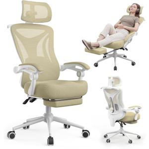 Ergonomic Office Chair with Footrest - Adjustable Lumbar Support & Headrest, 90-160 Reclining Mesh Back Computer Chair - Home Office/Gaming, 350lbs Capacity (Beige)