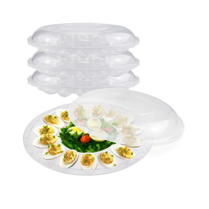 Fit Meal Prep Deviled Egg Tray with Lid - 12" 15 Slot Round Clear Plastic Carrier with Dome Lid, Durable Polystyrene Disposable Reusable Container for Pickled Stuffed Eggs and Serving Starters, 3 Pack