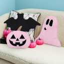 Huwena 3 Pcs Pink Halloween Pillow Decor Happy Halloween Pumpkin Ghost Bat Shaped Throw Pillow Crystal Velvet Wool Decorative Cushion Pillowcase for Couch Sofa Bed Decoration