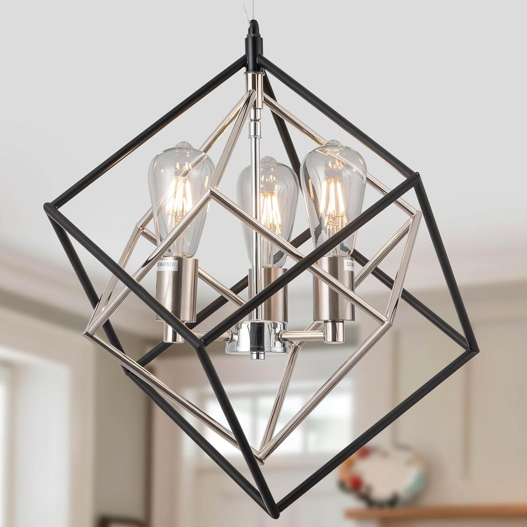 Modern 3-Lights Pendant Light Fixture Mid Centry Modern Geometric Pendant Lighting for Kitchen Island Vintage Black & Chrome Chandelier for Dining Room, Bedroom, Lving Room