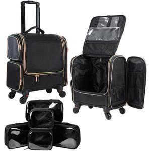 Stagiant Rolling Makeup Train Case, Professional Makeup Case, Travel Cosmetic Organizer Make Up Storage Bag for Makeup Artist, Hairstylist, Barbers, with 5 Toiletry Bags, Black (EXP 08/25/32)
