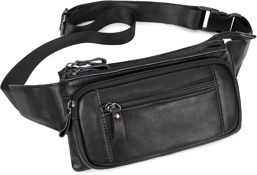 Leather Fanny Pack for Men Women, Belt Bag Fashion Waist Packs Small Crossbody Bag with Adjustable Strap for Travel Sport Walk (Black)