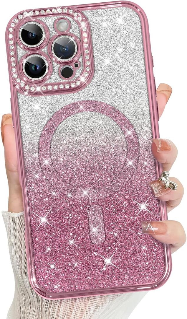 MZELQ Compatible with iPhone 16 Pro Case Plating Magnetic [Support for Magsafe] Bling Glitter Sparkly Back Diamond Camera Lens Cover Crystal Matte Luxury Case for Girls Women -Pink