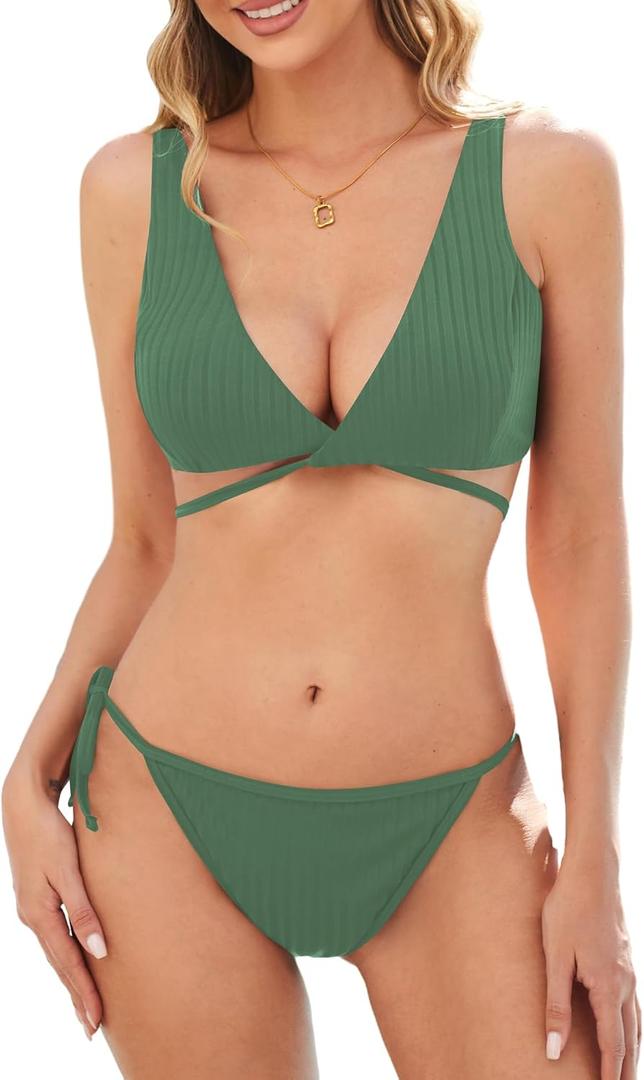 ZAFUL Bikini Sets for Women Push Up Ribbed V Neck High Cut 2 Piece Swimsuits Wrap Criss Cross Bathing Suits (Green, S)