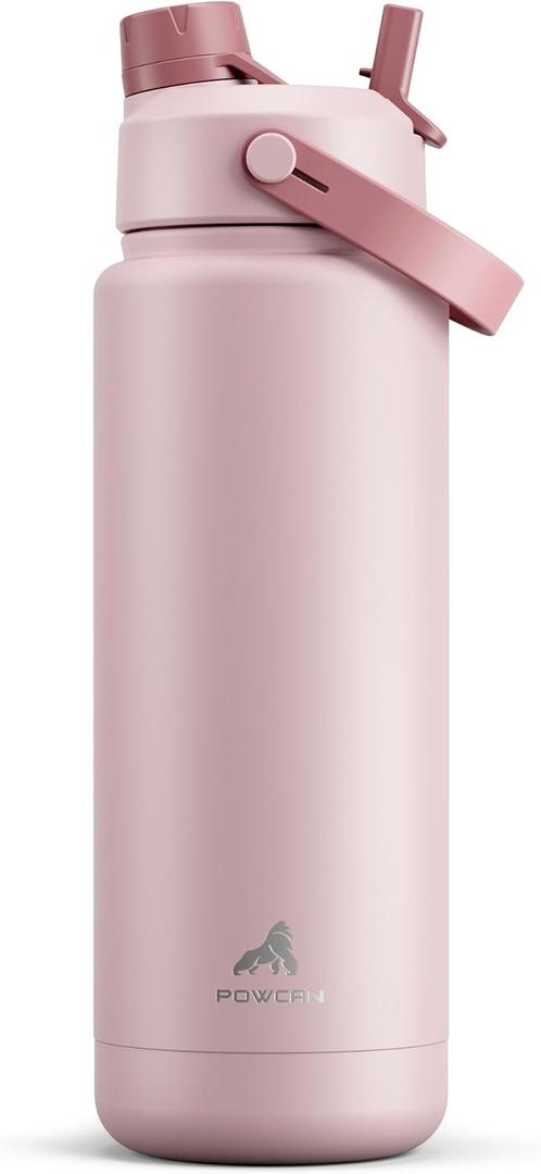POWCAN 32 oz Insulated Water Bottle with 2-in-1 Straw and Spout Lid, Keep Cold 24H, Leak-Proof, BPA-Free, Double Wall Stainless Steel Water Bottle for Sports, Gym, Travel, and School (Dried Rose)