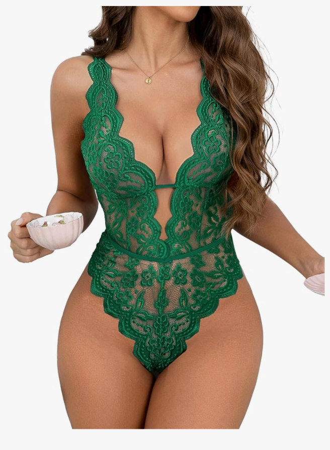 Aranmei Sexy Lingerie for Women Hollow Out Floral Lace Bodysuit One Piece Lingerie Deep V Teddy Babydoll Underwear M