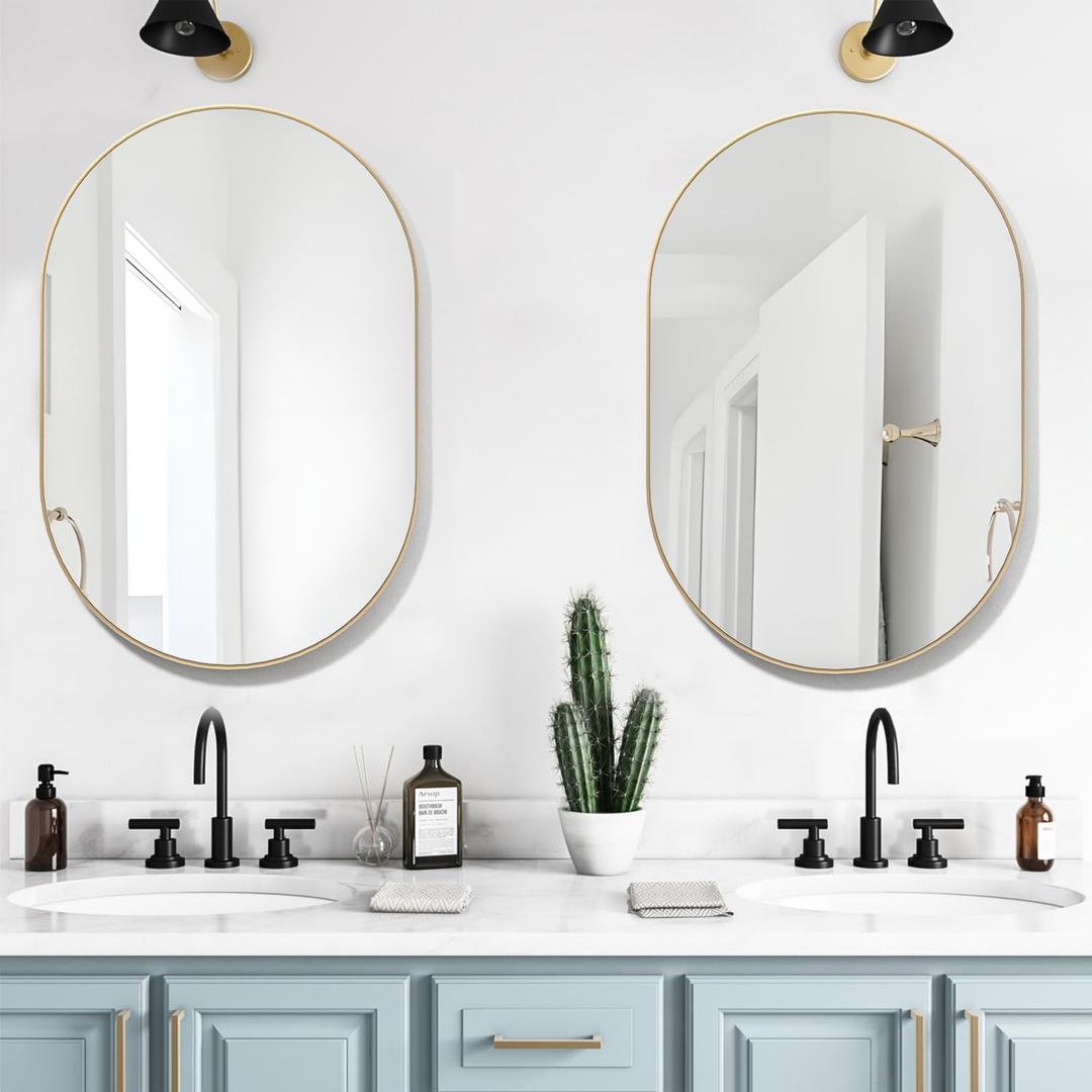 Oval Bathroom Mirror Capsule Wall Vanity Mirror, 2 Pieces 20"x30" Pill Mirrors Wall Mounted Mirror, Large Modern Mirror with Gold Metal Frame, Decor for Entryway, Bedroom, Living Room, Gold 
