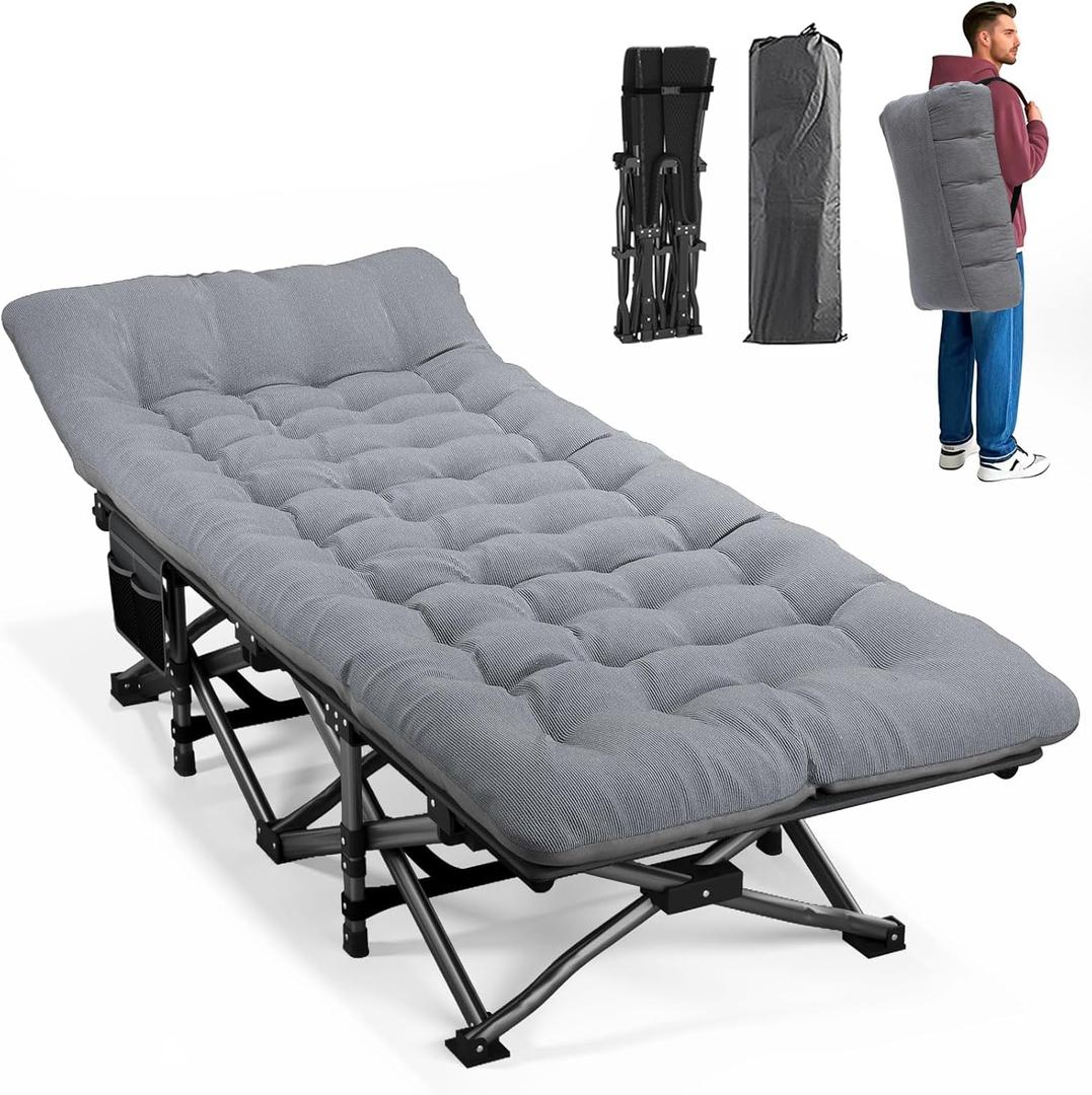 ATORPOK Camping Cot for Adults with Cushion Comfortable, Portable Folding Bed for Sleeping Supports 450 lbs (Gray), Large Size