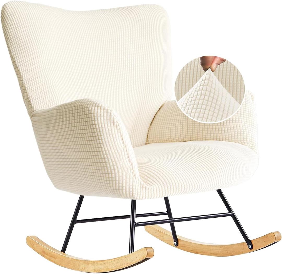 Nursery Rocking Chair Cover, Jacquard Stretch Cover for Nursery Rocking Chair Teddy Upholstered Glider Rocker, Rocking Accent Armchair Slipcover for Living Room Bedroom Offices, Beige (1"D x 1"W x 1"H)
