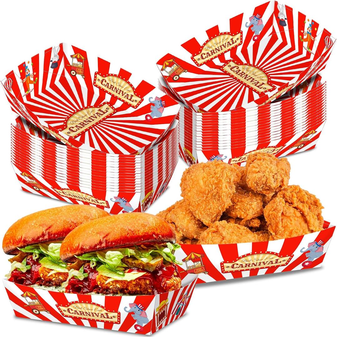 No Folding Required 100 Pack 2 Lb Carnival Food Trays Carnival Party Decorations Disposable Paper Food Serving Trays Nacho Hot Dog Boats Plates Bowls for Circus Theme Graduation Party Supplies
