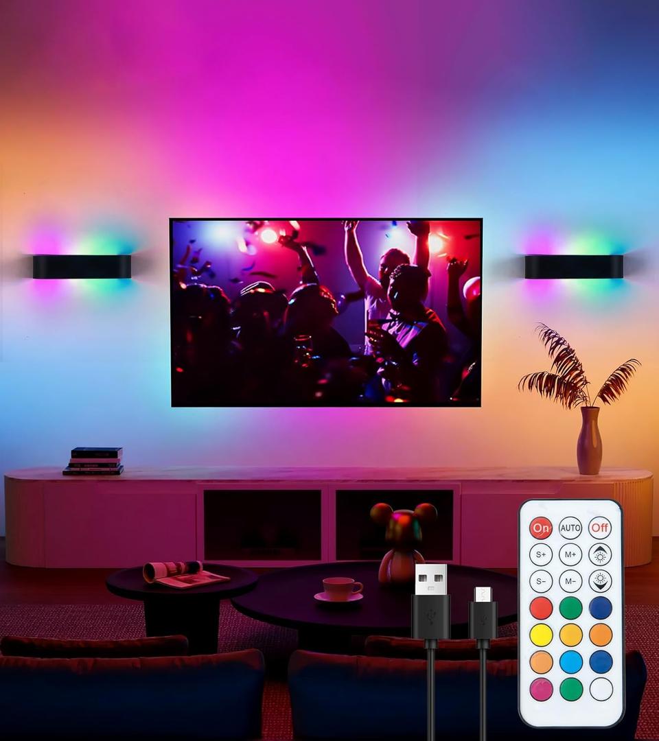 2Pcs RGB Wall Light with Remote Control, LED Indoor Wall Sconce, 6000mAh Rechargeable Battery Powered Wall Lamps, 12 Colors Wireless Wall Lamp for Bedroom Living Room Decor