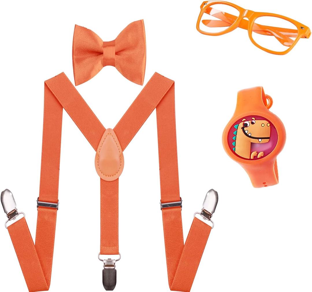 Child Kids Suspenders Bow Tie for Boys Glasses Bracelet Orange Suspenders Roleplay Accessories Parties Halloween (2 - 6 Years)