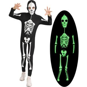 Lovekider Boys Girls Glow in The Dark Halloween Skeleton Costumes Black and White Bone Cosplay Bodysuit with Hood Full Coverage Jumpsuits 8-9 Years