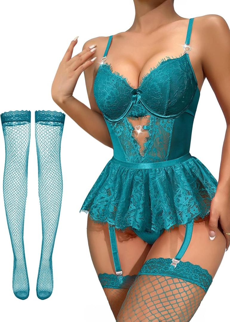 Lilosy Sexy Stocking Rhinestones Heart Garter Underwire Floral Mesh lace Sheer Babydoll Lingerie Teddy Bodysuit Skirt Set (Large, Turquoise)